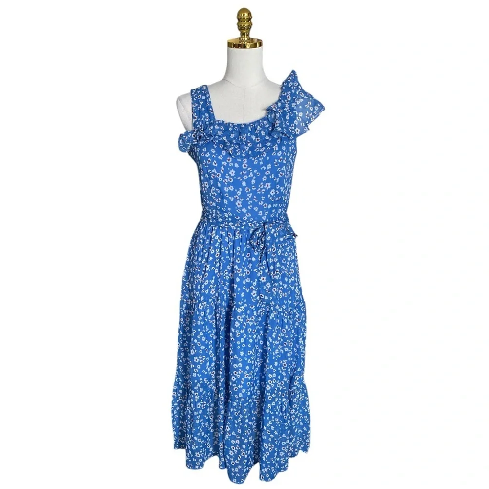 Amour Vert Women’s XS Blue Floral Ruffled Tiered Sleeveless Midi Silk Dress - Picture 3 of 10